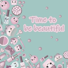 background for lettering. cosmetics. For children s accessories. lipstick, cream, mascara, comb. Games with dolls for girls. White background. Vector illustration