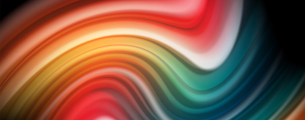 Abstract wave lines fluid rainbow style color stripes on black background. Artistic illustration for presentation, app wallpaper, banner or poster