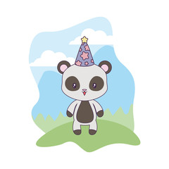 panda bear animal with hat party in landscape
