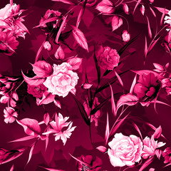 Seamless background floral pattern. Wild flowers, pomegranate with leaves on vinous. Abstract. Hand drawn. Vector - stock.