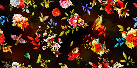 Wide vintage seamless background pattern. Rose, peony with leaves and waxwings around. Stylized on black. Abstract, hand drawn, vector - stock.