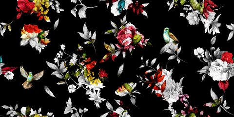 Wide vintage seamless background pattern. Rose, peony with leaves and nightingales around. Stylized on black. Abstract, hand drawn, vector - stock.