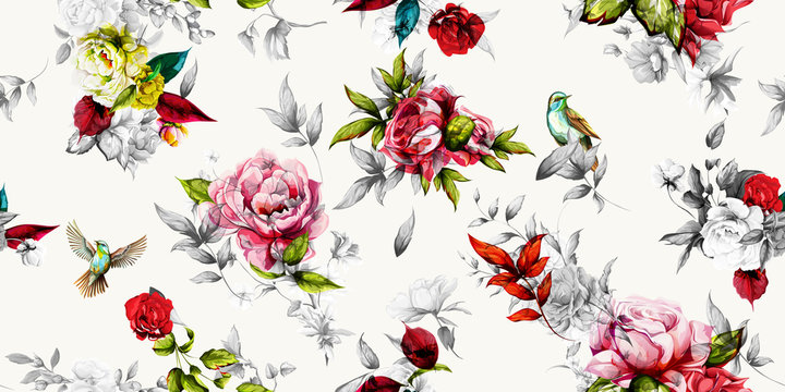 Bright wide vintage seamless background pattern. Rose, peony with leaves and nightingales around. Stylized on white. Abstract, hand drawn, vector - stock.