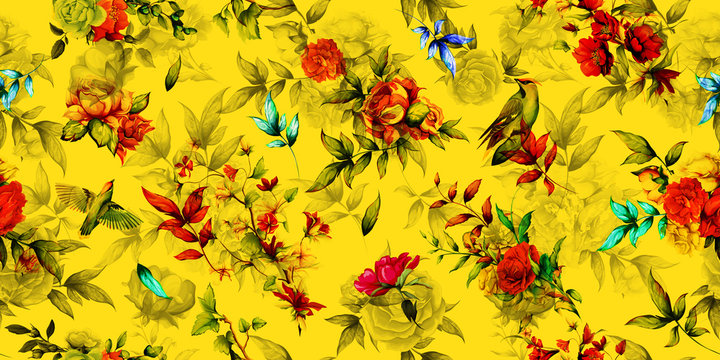 Wide vintage seamless background pattern. Rose, peony with leaves and waxwings around. Stylized on yellow. Abstract, hand drawn, vector - stock.