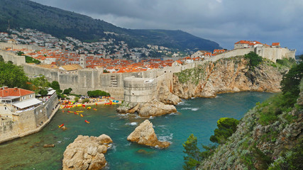 Aerial panorama view of Dubrovnik old town with walls, favourite tourist destination