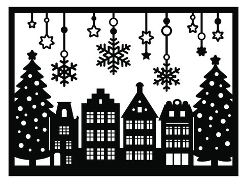 Laser Cut Amsterdam Style Houses. Christmas Card With Stylized Facade Of Old Buildings, Hanging Snowflakes. Silhouette Of Typical Dutch View In Frame. Wood Carving Vector Template. Xmas Paper Cut Out.