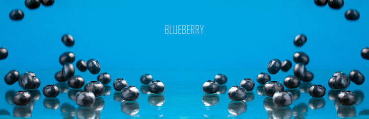 Creative layout made of fresh organic blueberries falling on blue background, panoramic image. Shallow DOF
