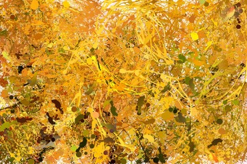 Drip abstract painting. Modern American style of painting. Style of drip painting. Yellow and gold.