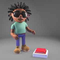 Cartoon black man with dreadlocks ready to press a button, 3d illustration
