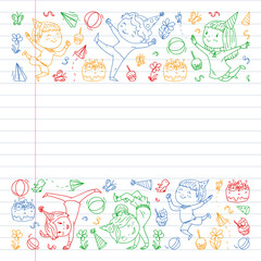 Vector illustration in cartoon style, active company of playful preschool kids jumping, at a party, birthday. colorful draving squared notebook. Drawing on exercise book.