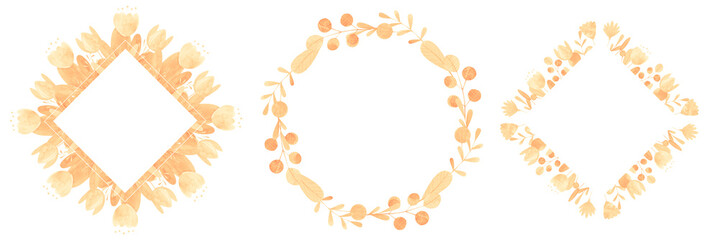 set of hand-drawn watercolor frames of stylized flowers