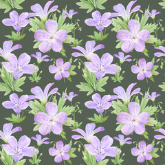 Seamless pattern of watercolor geranium flowers. Perfect for web design, cosmetics design, package, textile, wedding invitation, logo