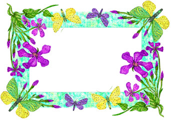 Floral frame with butterflies for invitation, watercolor illustration