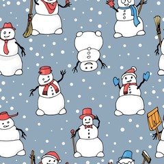 Vector seamless pattern with hand drawn cute snowmen