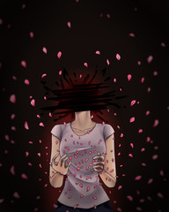The woman who cut the head and the petals in her hand spread into the air