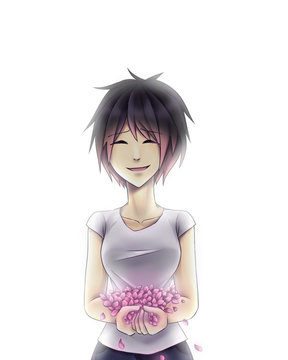 The girl is holding pink petals with a smile