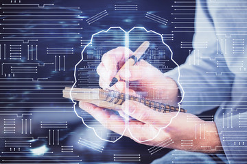 Brain multi exposure icon with man hands background.