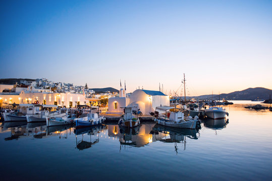 Night view of Naousa village, Paros island, Greece. Popular tourist destination in Europe.