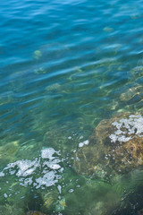                      Stone beach of mediterranian sea, sea coast. Natural background.           