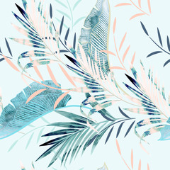 Fashion vector illustration with tropical watercolor palm leaves
