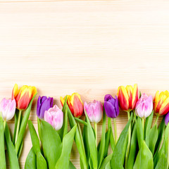 Pink, purple, yellow tulips on wooden background, flowers arrangement. Greeting card with flowers, copyspace