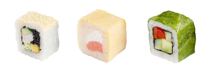 Classic sushi roll. Sushi on a white background. Japanese sushi seafood roll white background.