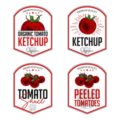 Tomato ketchup, sauce  badge label design set. Vector hand drawn illustration of tomatoes in engraving technique. Vintage shield form templates for tomato sauce packaging. 