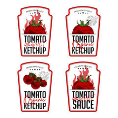 Tomato ketchup, sauce badge label design set. Vector hand drawn illustration of tomatoes in engraving technique. Vintage shield form templates for tomato sauce packaging. 