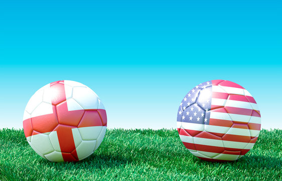 Two Soccer Balls In Flags Colors On Green Grass. Women's Soccer. Semi-final. England And USA. 3d Image