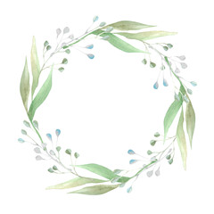 Round frame with wild herbs and branches. Watercolor wreath of leaves