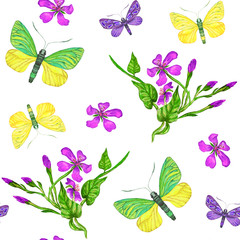 Fototapeta na wymiar Tropical seamless pattern with flowers and exotic butterflies.
