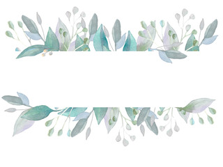 Watercolor hand painted banner with green leaves, wild herbs and branches. Suitable for invitation, wedding or greeting cards