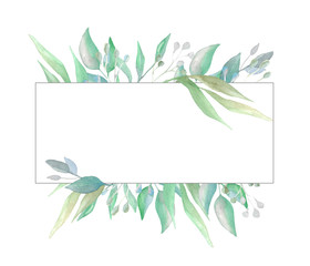 Watercolor hand painted frame with green leaves, wild herbs and branches. Suitable for invitation, wedding or greeting cards