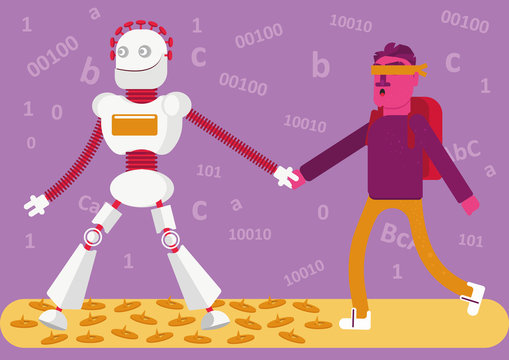 Should we always trust neural network? A robot leads off a man with a bandage on his eyes. Man does not see that on the way there are a lot of dangerous things, he just blindly follows the bot