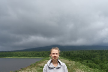 Portrait of beautiful woman without make up, outdoor