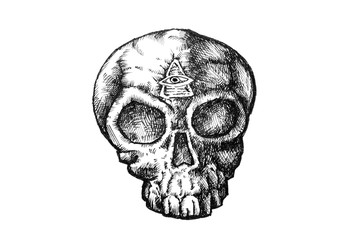 Hand drawn picture of stylized skull with eyes of Illuminati in forehead. Black and white sketch in style of engraving