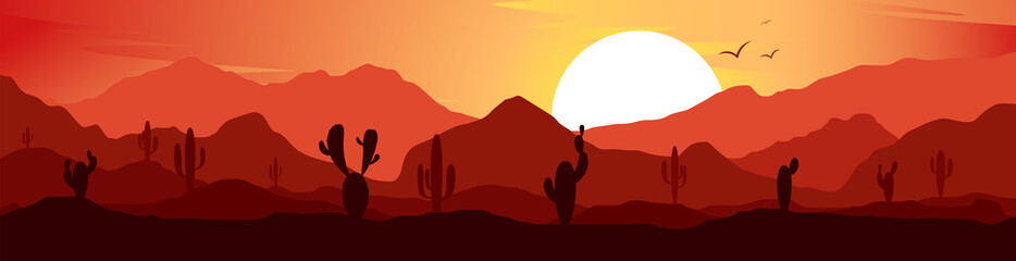 Exotic  landscape. African desert. Sands and mountains. Tourism and travelling. Vector flat design