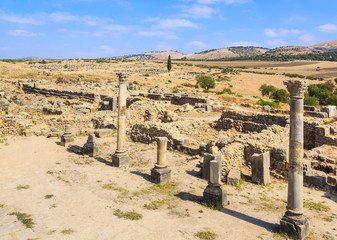 Site overview of the ruins of Volubilis, ancient Roman city in Morocco.