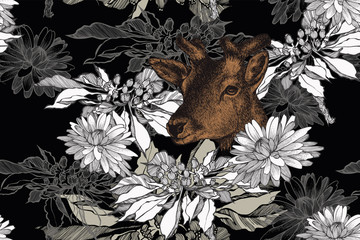 Deer and floral seamless background with chrysanthemums. Hand-drawn, vector illustration - 275771993