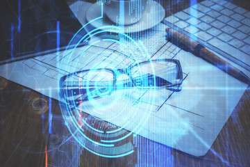 Data tech hologram with glasses on the table background. Concept of technology. Double exposure.