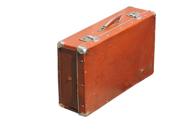 Old shabby suitcase on a completely white background