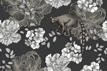Lemur and flower seamless pattern with tulips. Hand-drawn, vector illustration - 275774175