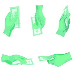 Hand with banknote icons collection,vector image.	