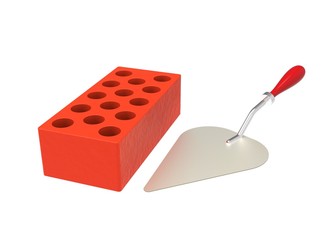 Brick and trowel on a white background.