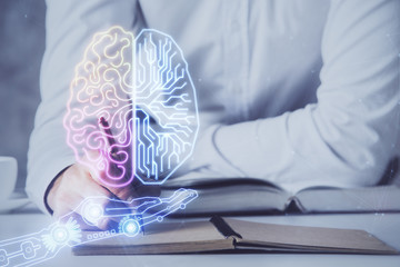 Man with multi exposure brain theme icons.