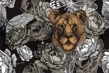 Lioness with roses and butterflies. Seamless floral wallpaper. Hand drawing, vector illustration - 275774950