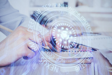Writing human hands with data theme multi exposure icons.