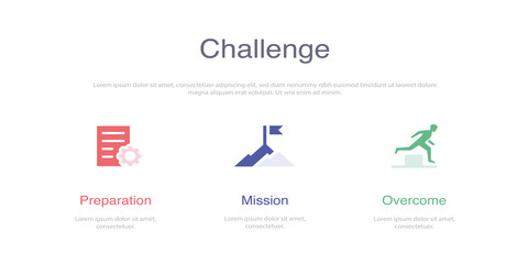 CHALLENGE INFOGRAPHIC DESIGN TEMPLATE WİTH ICONS AND 3 OPTIONS OR STEPS FOR PROCESS DIAGRAM