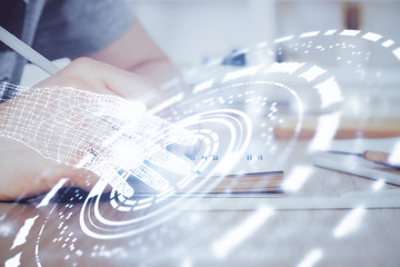 Writing human hands with tech theme multi exposure icons.