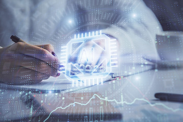 Multi exposure of woman's writing hand on background with data technology hologram. Concept of...